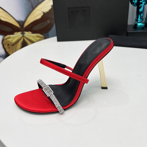 Sandales à talons hauts en soie haut de gamme pour femmes, semelle en cuir véritable, cuir d'agneau doux, chaussures de soirée et de mariage tendance - Product Image 3
