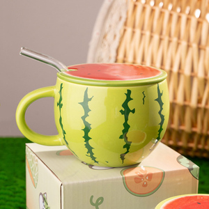 Novelty Watermelon <b>Ceramic</b> Mug with Lid and Straw Cute <b>Ceramic</b> Drinking <b>Cup</b> for Coffee and Water - Product Image 5