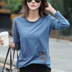 White Long Sleeve T-Shirt With Embroidered Pocket Women's Autumn Casual <b>Top</b> Plus Size <b>Patchwork</b> Base Layer Solid Color - Product Image 2