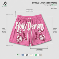 Shorts en maille double couche rose RAMAX 260GSM, motif squelette Holly Demon, streetwear, bas de tenue de basketball, vente en gros