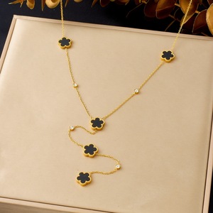 Fashion Pendant Necklace Gold Plated Black Flower Y Shape Long Chain Daily Wear - Product Image 1
