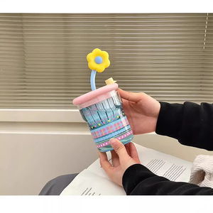 Stylish Floral Glass Tea Cup With Filter Heat Resistant Straw Lid For Women Summer Use Party Gift - Product Image 2