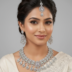 <b>Gold</b> Plated Alloy Pearl Bridal Shadow Choker Necklace <b>Set</b> Earrings Maang Tikka Ethnic High Quality Latest Wedding Party Gift - Product Image 2