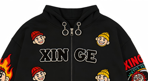 Service OEM/ODM personnalisé : Sweat-shirt à capuche zippé pour homme, style streetwear, surdimensionné, avec broderie cartoon et patchwork graphique. - Product Image 4