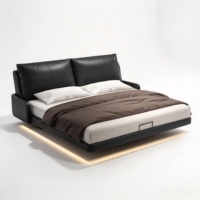 Lit flottant en cuir minimaliste italien avec double coussin et lumière d'ambiance, lit double simple encastré pour chambre principale