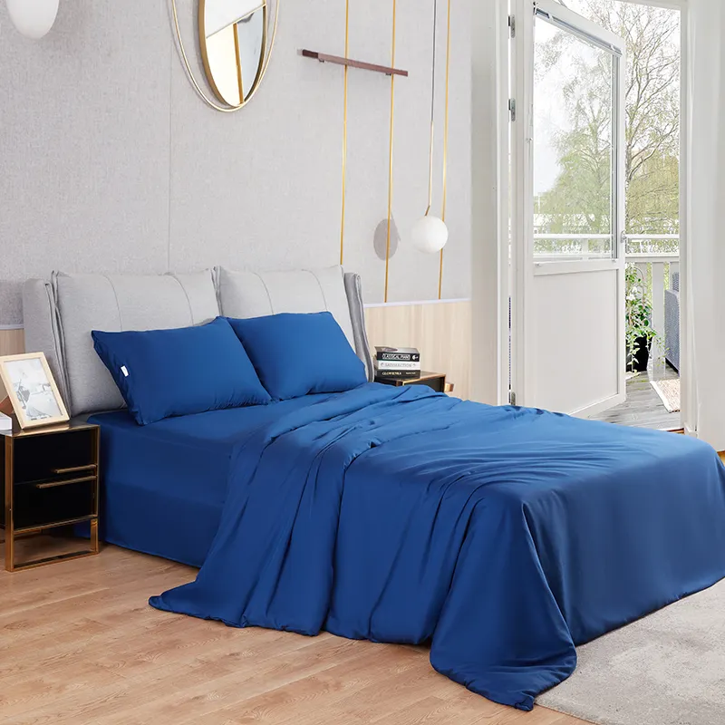 Literie en bambou 100%, ensemble de draps de lit, Collection d'hôtel, ensemble de draps de lit 4 pièces couvre-lit Bouti 90 Cm couvre-lit bleu Double