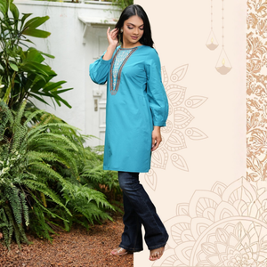 Kurta de Primera Calidad, Transpirable, con Cuello Redondo, Bordado y Detalle de Mangas Fruncidas - Product Image 5