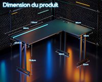 Bureau de jeu en forme de L avec éclairage LED, bureau d'ordinateur avec texture en fibre de carbone, table de jeu PC avec crochet pour casque, noir