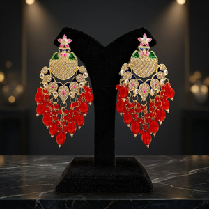 Indian Traditional Meenakari Peacock <b>Gold</b> Plated Kundan Earcuffs Statement Chandelier <b>Dangle</b> High Quality Latest Designed Blue - Product Image 3