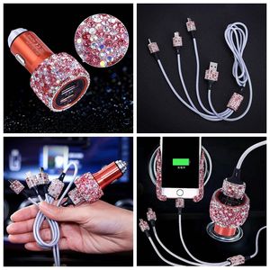 Roadstar Car Charger Accessories Set Rhinestone Dual USB Car Chargers 3 in 1 Nylon Braided Charging <strong>Cable</strong> Crystal Car Decoration - Product Image 3