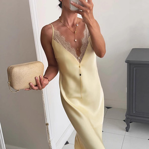 Vestido Largo de Satén Amarillo <span class=keywords><strong>para</strong></span> Mujer 2026, Cuello en V, Adorno de Encaje, Tirantes Finos, Espalda Descubierta, Elegante Vestido de Fiesta - Product Image 3