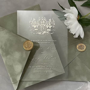 Invitations de mariage personnalisées en acrylique avec pochette en velours à glands, cartes en acrylique transparent givré gravées de luxe - Product Image 2