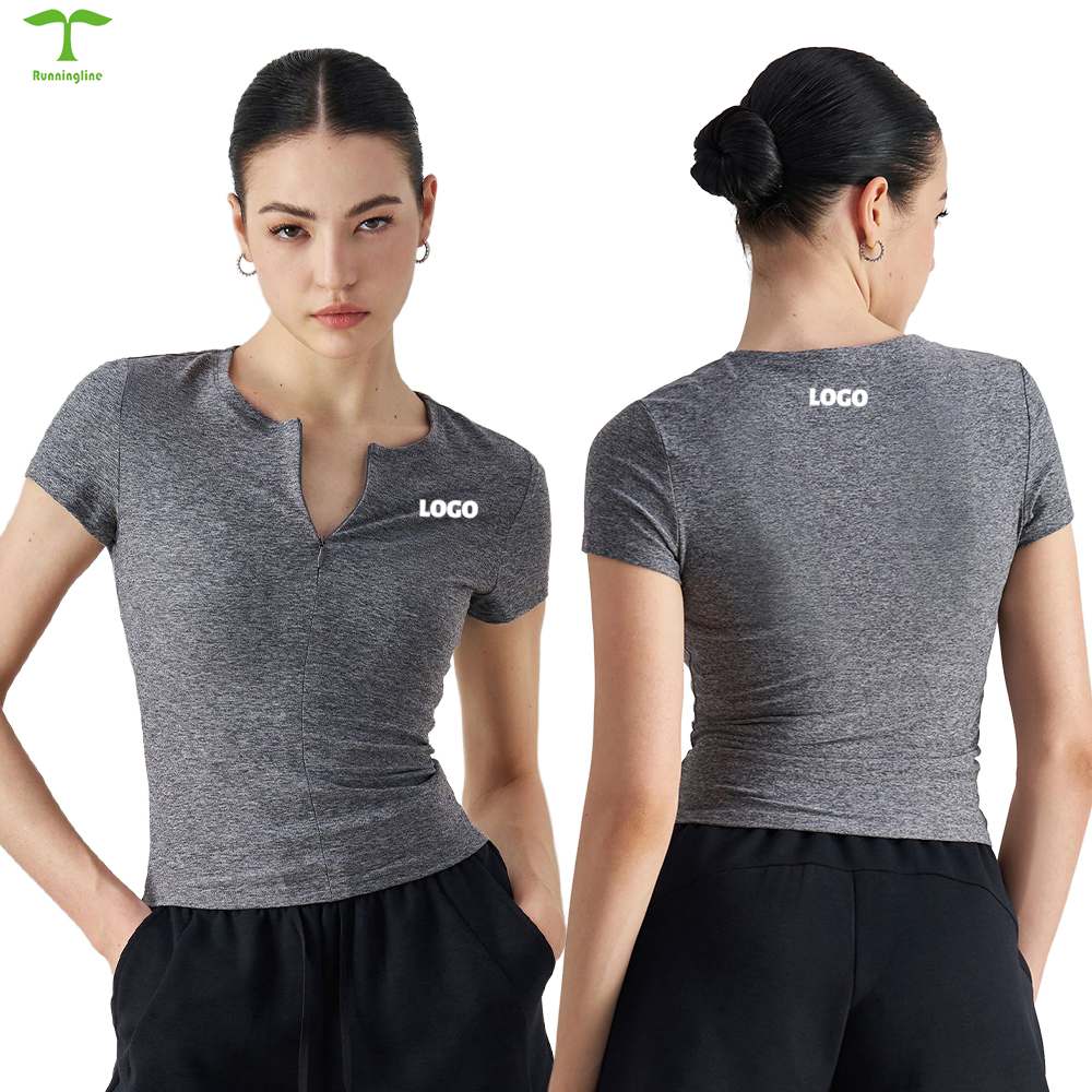 Breathable and Quick Dry Nude Slimming Yoga Top Round Neck Fitness Sports T-Shirt with Front Logo Four-Way Stretch for Adults