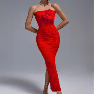 Vestido Largo De Playa Umenlele - Asimétrico, Sin Tirantes, Con Estampado Floral - Rojo Vino, Talla Small