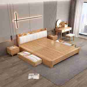 High Quality Factory Wholesale Nordic Light Wood <b>Bed</b> <b>Frame</b> Natural Solid Wood Easy Assembly Headboard and Footboard Storage - Product Image 6