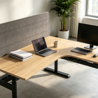 Bureau debout en forme de L moderne avec écran de confidentialité, bureau de travail en bois réglable avec rangement pour mobilier de bureau à domicile