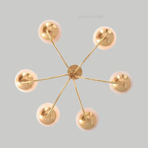Lustre design moderne du milieu du siècle à 6 lumières en laiton avec globes en verre dépoli, luminaire suspendu pour salon - Product Image 4