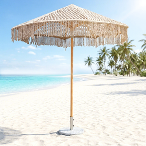 Parasol tressé à la main - Colonne creuse avec pompons, 2,5 m, style bohème pour plage et cour - Product Image 1