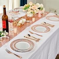 Service de table en plastique blanc doré à bordure dentelle, 175 pièces, assiettes à dîner/salade, tasses de 9 oz, couverts pour 25 personnes, luxueux, élégant, compatible micro-ondes