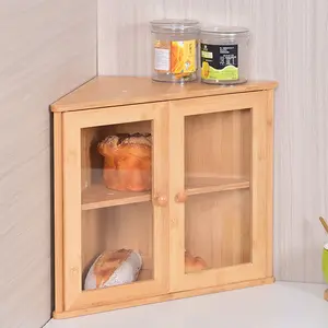 竹制面包盒转角柜台厨房工具定制标志双层竹制转角柜台玻璃盖储物箱