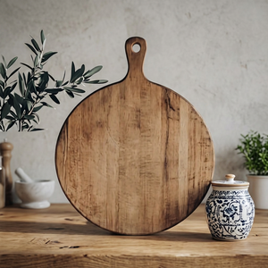 Bandeja redonda para servir pizza, tabla de queso de madera duradera con asa, tabla de cortar ecológica para mostrador de cocina. - Product Image 1
