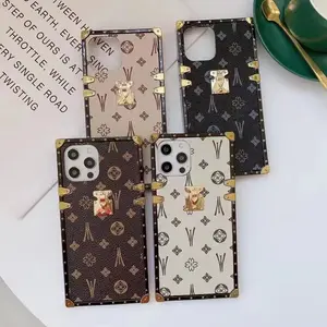 Designer Square Phone Case Treasure Chest Phone Cover with Luxury Leather Effect, leather phone case for iPhone 13 14 15 Samsung