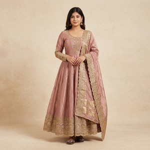 Ensemble Anarkali en soie rose avec dupatta, tenue traditionnelle indienne et pakistanaise pour femme, longueur ras du sol, pour mariage, extensible et coupe ample - Product Image 1