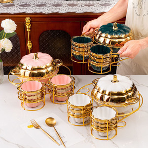 Ensemble de bols à soupe à deux oreilles en céramique de luxe avec couverts en or Pot à soupe à la citrouille durable pour la maison et les fêtes - Product Image 6