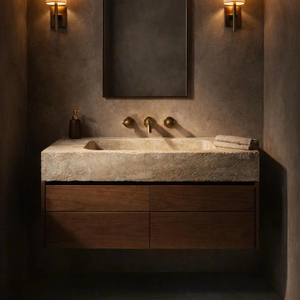 Lavabo de Piedra Natural Senger, Mueble de Baño de Travertino Sólido con Soporte de Pared y <span class=keywords><strong>Gabinetes</strong></span> de Madera <span class=keywords><strong>para</strong></span> Villa, Hotel y Apartamento - Product Image 1