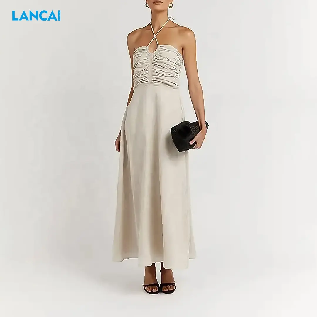 100% Natural Linen Halter Maxi Dresses Clothing Backless Summer Sexy White Beach Dress Long Linen Wrap Casual Dress For Women