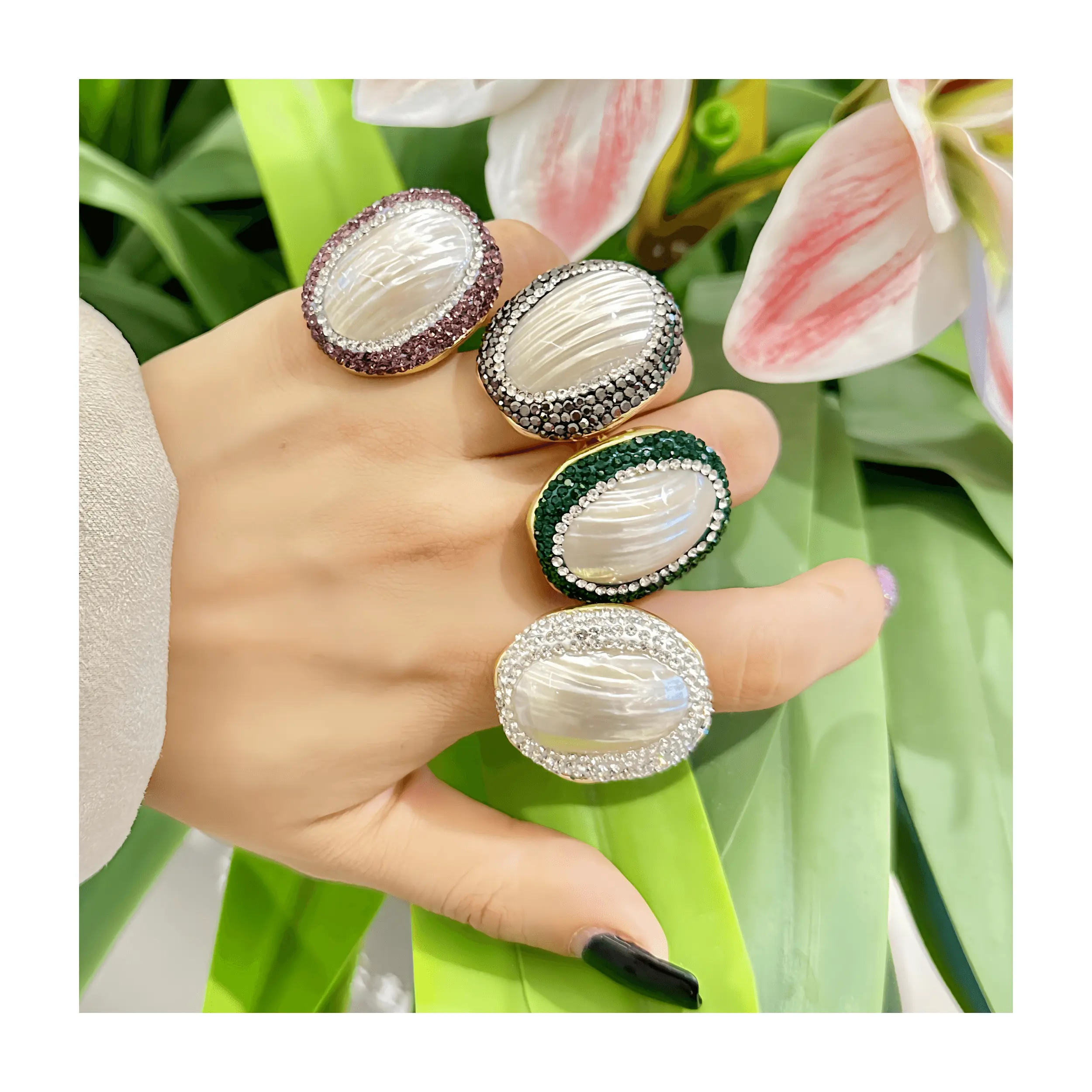 Exaggerated style Big pearl colorful nature stone rings natural freshwater around full zircon gem 18k gold plated rings women