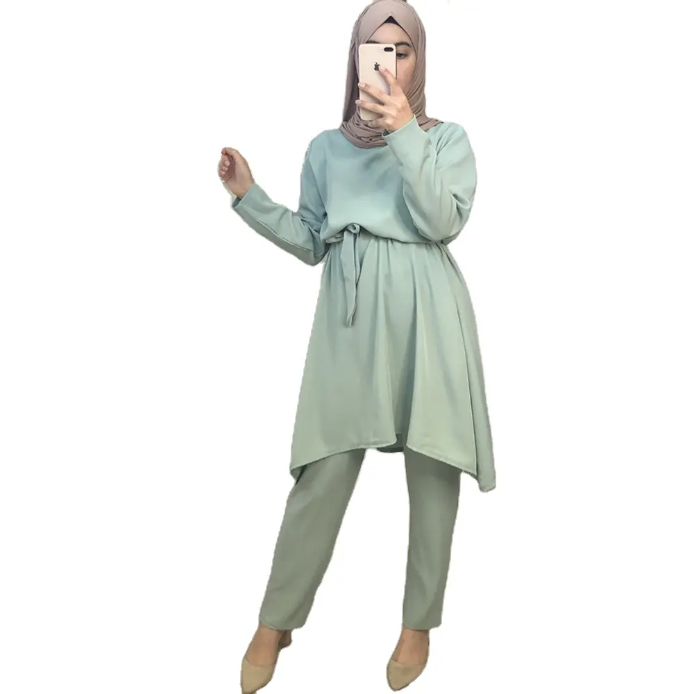 2021 latest designs middle east islamic clothing long Sleeve pant solid color suit sets for muslim 2 pieces clothes for women