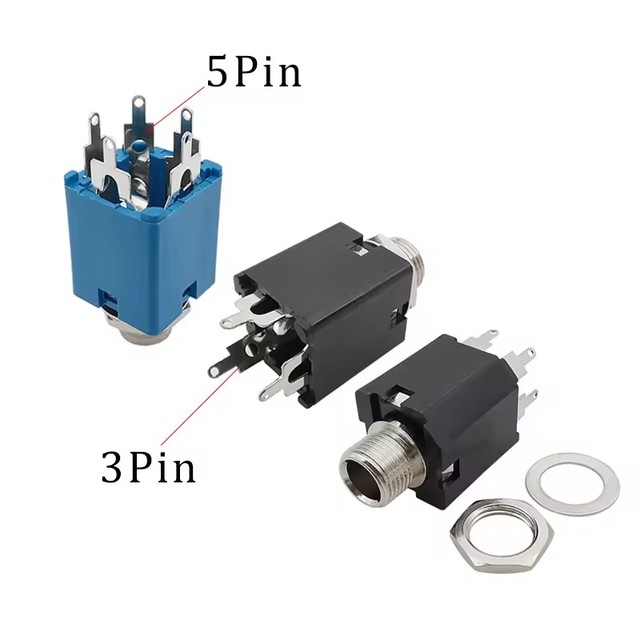 6.35mm 3 Pin 5 Pin Audio Socket Plug Connector 1/4 inch Guitar Headphone Jack PJ-612A 3P 5P Black Blue