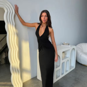 Women's Summer Temperament V-Neck <b>Dress</b> Slim Thin Solid Color Ladies Women Elegant Sexy Backless <b>Long</b> <b>Dresses</b> - Product Image 3