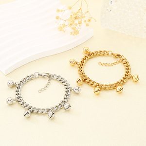 Pulsera de Eslabones Cubanos Gruesos Ajustable de Acero Inoxidable con Baño de Oro de 18k y Dije de Campana, Antideslustre, de Moda para Mujer - Product Image 2