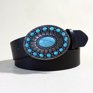 Ceinture rétro noire en cuir PU Western Cowboy Cowgirl <span class=keywords><strong>de</strong></span> Bohème Ceinture à boucle <span class=keywords><strong>de</strong></span> conque bleu turquoise pour <span class=keywords><strong>Mena</strong></span> et femmes - Product Image 5