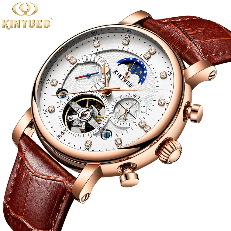 KINYUED Marca J025 Esfera blanca Relojes de cuero genuino Esqueleto Fase lunar Impermeable Mecánico Hombres Relojes de pulsera