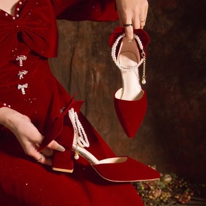 2026 New Style Red Wedding Shoes for Women Pointed Toe <b>Block</b> Heel Pumps with Bow & Pearl Comfortable All-Day Wear - Product Image 3