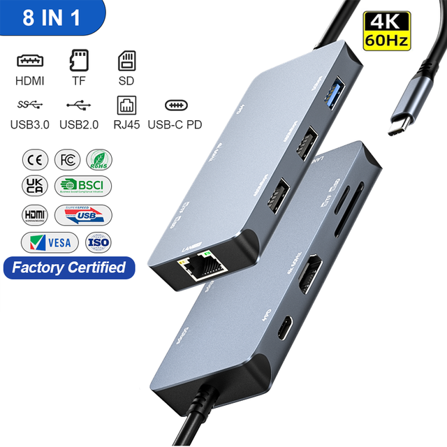 ULT-unite USB Hubs 8 in 1 USB3.0 C Docking Station Aluminium Metal Shell USB Type C Hub 4K 60Hz with PD Charging for Computer