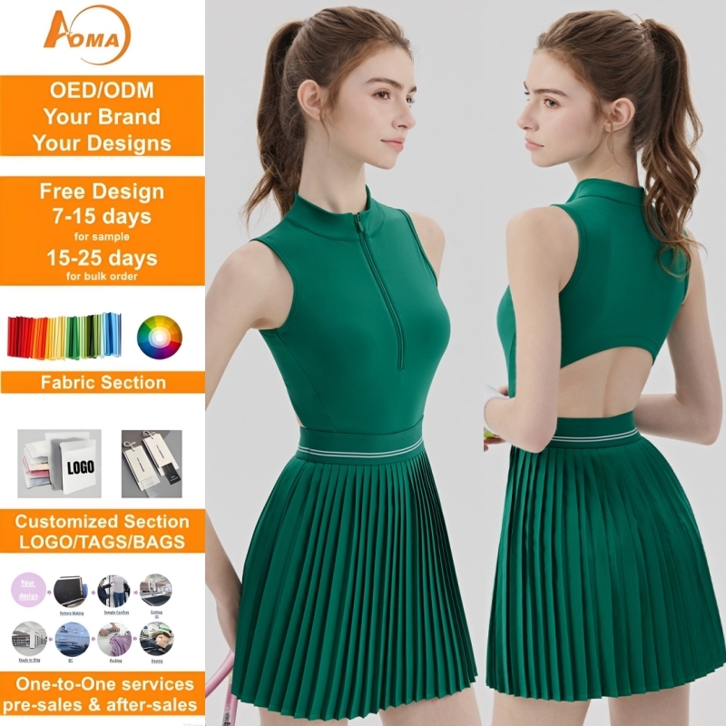 Aoyema Yoga Activewear Golf Dress Zipper Custom Fitness Gym Clothing Sport Pleated Workout Outfit Women Tennis Dress with Pocket