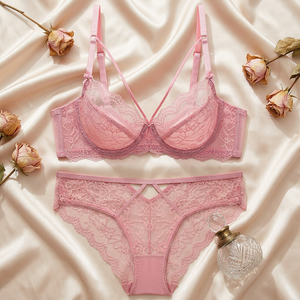 Conjunto de sujetador con aros y bragas de encaje rosa, lencería romántica transparente para mujer, conjunto de lencería transpirable de talla grande para mujer, OEM ODM - Product Image 3