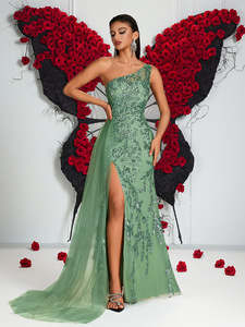 Elegante <span class=keywords><strong>Abito</strong></span> da Sera Vintage per Donne <span class=keywords><strong>Monospalla</strong></span> con Spacco Alto, Strass e <span class=keywords><strong>Lungo</strong></span> Strascico Impero fino al Pavimento - Product Image 5