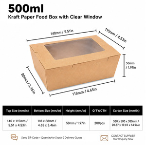 Conteneur alimentaire en papier kraft biodégradable de 500 ml avec fenêtre transparente et couvercle à rabat pour salades, sandwichs, emballages à emporter, vente en gros, personnalisable - Product Image 2