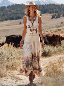 Womens Western Vintage Horse Print Sleeveless Tiered Flowy <strong>Maxi</strong> <strong>Dress</strong> Bulk Wholesale Casual Cowgirl Daily Wear Tank <strong>Dress</strong> - Product Image 1