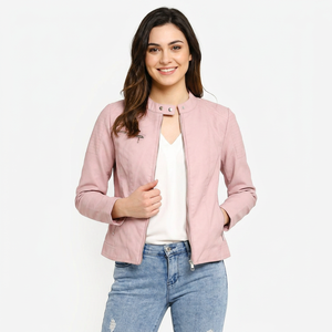 Women's <b>Pink</b> Faux Leather Collarless <b>Jacket</b> Full Zip Short Casual Outerwear Leather <b>Jackets</b> - Product Image 1