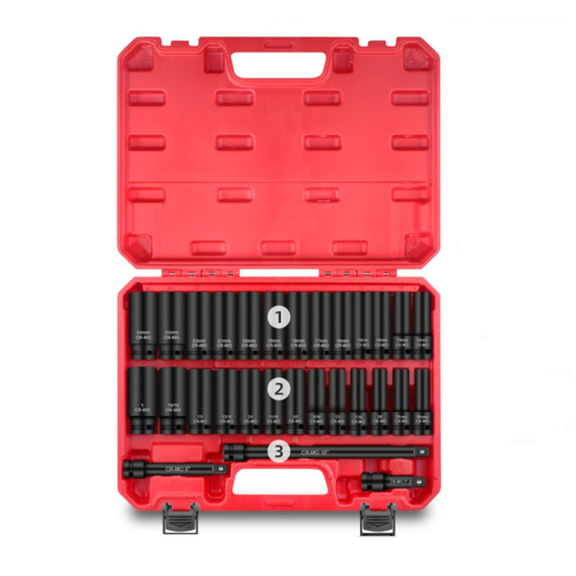 29-Piece 1/2" Drive SAE and Metric Impact Socket Set with Extension Bars - CR-V Material