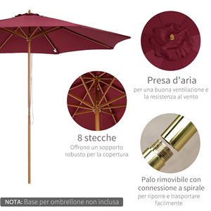 Outsunny Parasol de jardin 3x2.5 avec poteau en bois et 8 côtes et couverture en polyester rouge foncé - Product Image 4