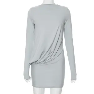 여자의 봄 새로운 라운드 넥 긴 소매 허리 접이식 스택 디자인 캐주얼 원피스