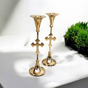 Tall <b>Brass</b> <b>Candlestick</b> Holder with Cross Design for Religious Activities Durable Metal Base Decorative - Product Image 1