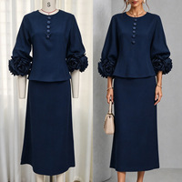 Ensemble deux pièces tendance pour femme, haut uni avec détails floraux 3D, manches bouffantes, jupe en spandex au-dessus du genou